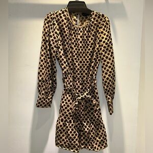 Who What Wear Polka Dot Puff Sleeve Long Sleeve Belted Linen Dress XS Hidden Zip